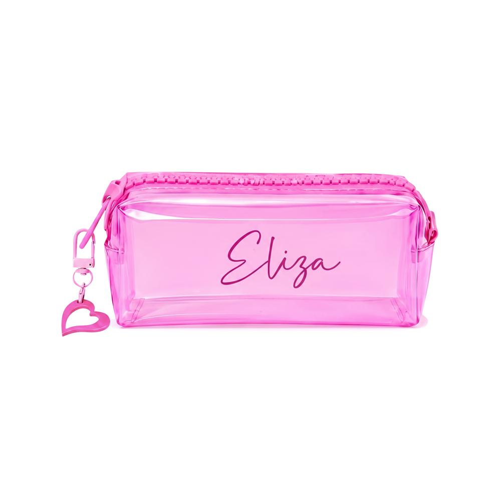 Personalized Clear PVC Pouch – Custom Name School , Makeup & Travel Organizer with Acrylic Heart Charm