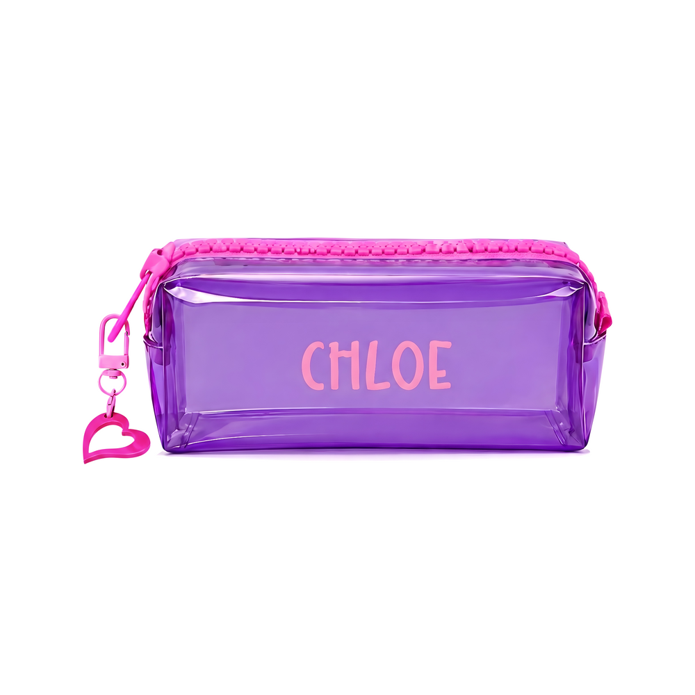 Personalized Clear PVC Pouch – Custom Name School , Makeup & Travel Organizer with Acrylic Heart Charm