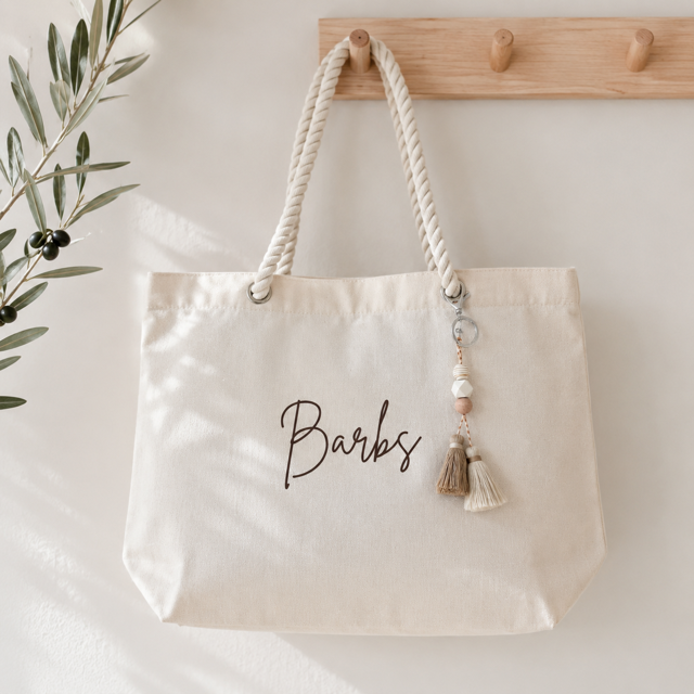 Personalized Natural Canvas Beach Tote Bag Set with Pouch, Rope Handles, Bridesmaid Gift