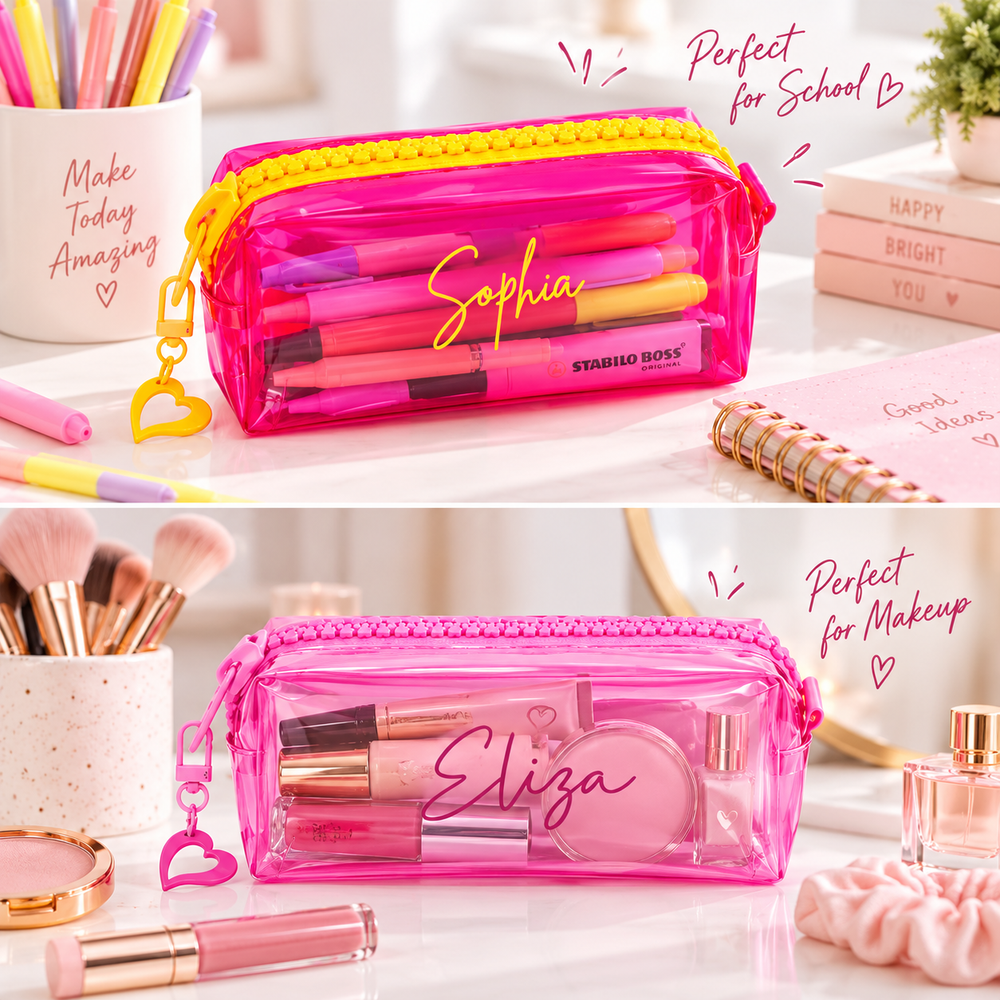 Personalized Clear PVC Pouch – Custom Name School , Makeup & Travel Organizer with Acrylic Heart Charm