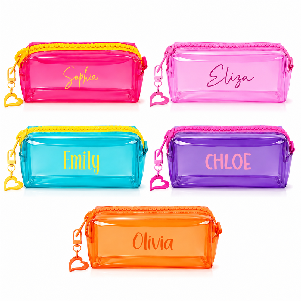 Personalized Clear PVC Pouch – Custom Name School , Makeup & Travel Organizer with Acrylic Heart Charm