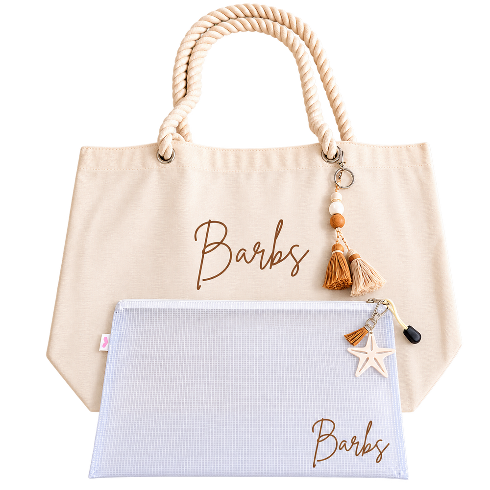 Personalized Natural Canvas Beach Tote Bag Set with Pouch, Rope Handles, Bridesmaid Gift