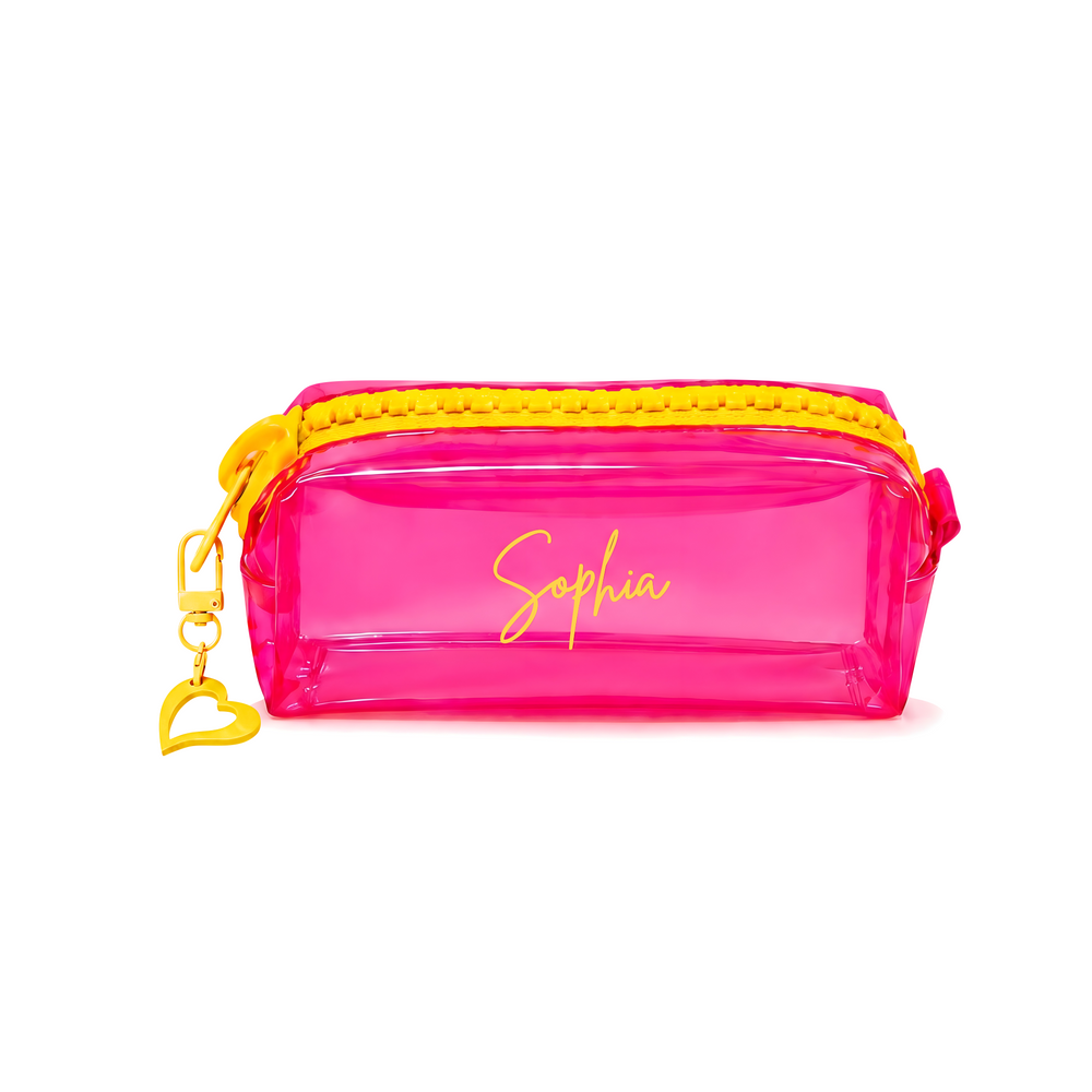 Personalized Clear PVC Pouch – Custom Name School , Makeup & Travel Organizer with Acrylic Heart Charm