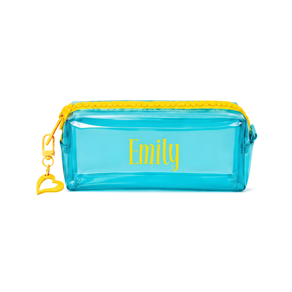 Personalized Clear PVC Pouch – Custom Name School , Makeup & Travel Organizer with Acrylic Heart Charm