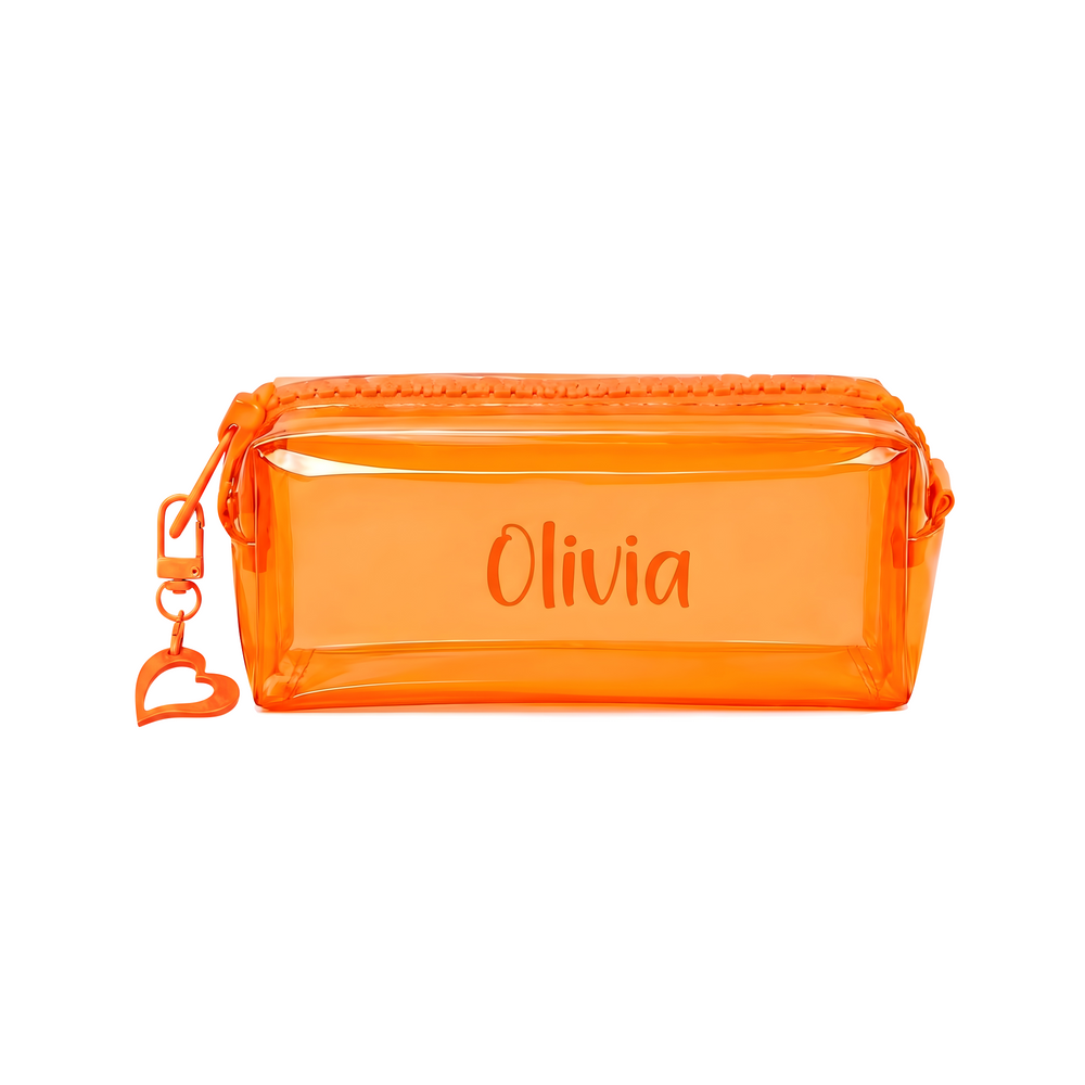 Personalized Clear PVC Pouch – Custom Name School , Makeup & Travel Organizer with Acrylic Heart Charm